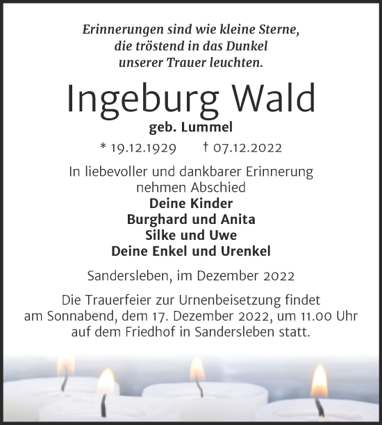 Traueranzeige von Ingeburg Wald von Mitteldeutsche Zeitung Mansfelder Land