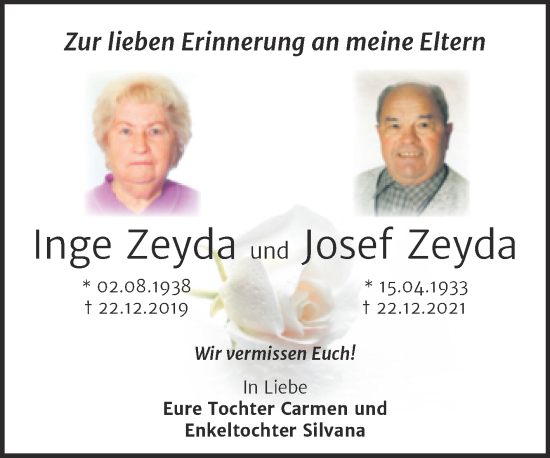 Traueranzeige von Inge und Josef Zeyda von Trauerkombi Bitterfeld