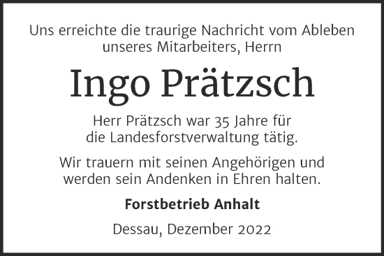 Traueranzeige von Ingo Prätzsch von Mitteldeutsche Zeitung Dessau-Roßlau