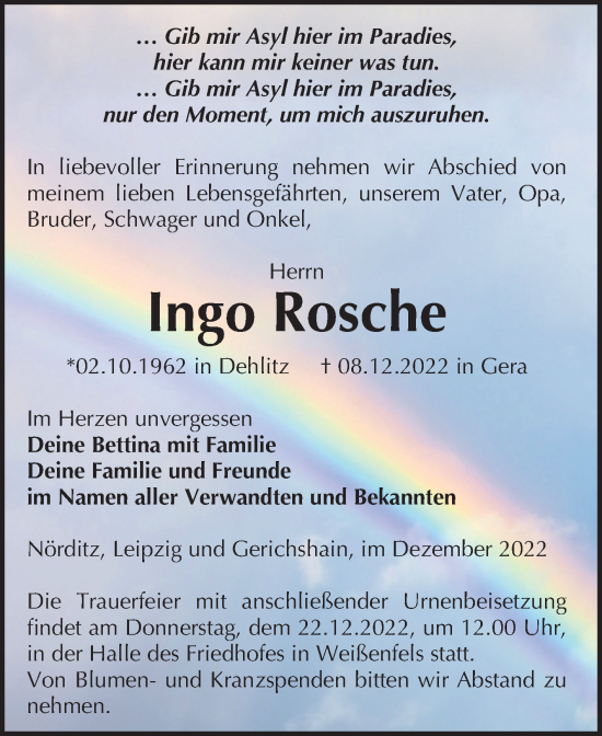Traueranzeige von Ingo Rosche von Mitteldeutsche Zeitung Weißenfels