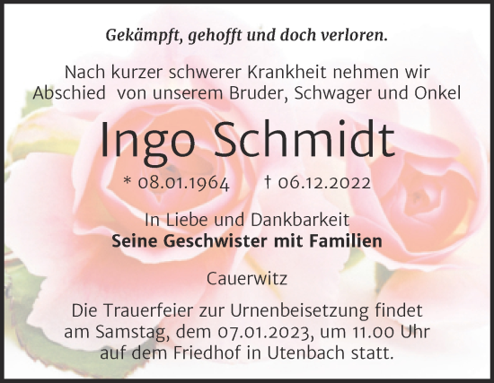 Traueranzeige von Ingo Schmidt von Wochenspiegel Naumburg/Nebra