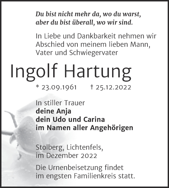 Traueranzeige von Ingolf Hartung von Trauerkombi Sangerhausen