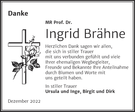 Traueranzeige von Ingrid Brähne von Mitteldeutsche Zeitung Halle/Saalkreis