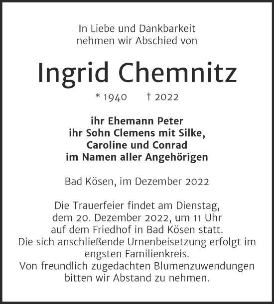 Traueranzeige von Ingrid Chemnitz von Naumburger Tageblatt