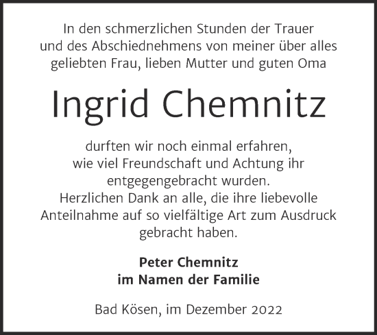 Traueranzeige von Ingrid Chemnitz von Naumburger Tageblatt