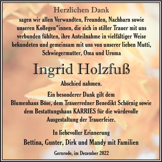 Traueranzeige von Ingrid Holzfuß von Trauerkombi Quedlinburg