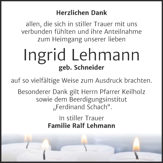 Traueranzeige von Ingrid Lehmann von Trauerkombi Wittenberg