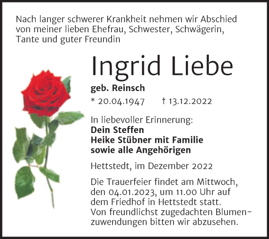 Traueranzeige von Ingrid Liebe von Trauerkombi Mansfelder Land