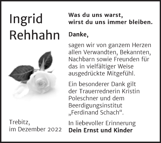 Traueranzeige von Ingrid Rehhahn von Trauerkombi Wittenberg