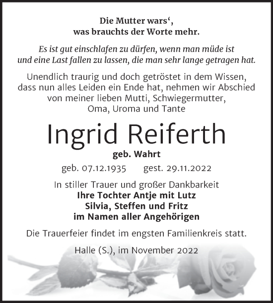 Traueranzeige von Ingrid Reiferth von Wochenspiegel Naumburg/Nebra
