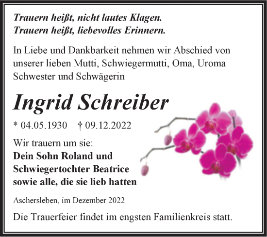Traueranzeige von Ingrid Schreiber von Trauerkombi Aschersleben