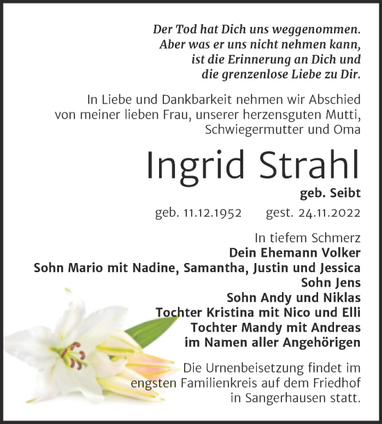 Traueranzeige von Ingrid Strahl von Trauerkombi Sangerhausen