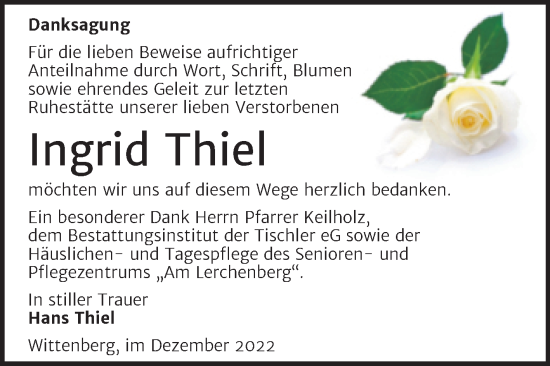 Traueranzeige von Ingrid Thiel von Trauerkombi Wittenberg