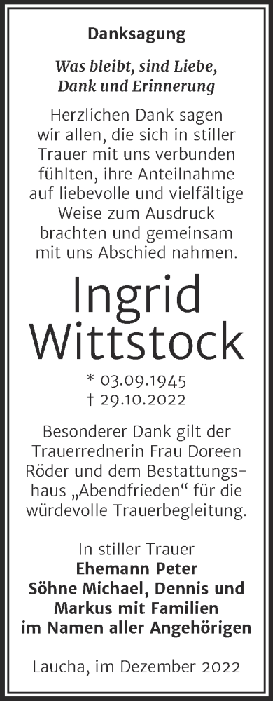 Traueranzeige von Ingrid Wittstock von Wochenspiegel Naumburg/Nebra