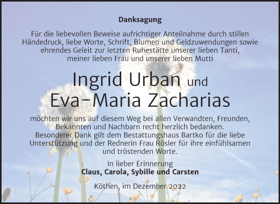 Traueranzeige von Ingrid und Eva-Maria  von Trauerkombi Köthen
