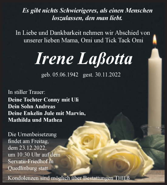 Traueranzeige von Irene Laßotta von Trauerkombi Quedlinburg