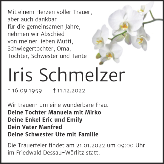 Traueranzeige von Iris Schmelzer von Trauerkombi Dessau