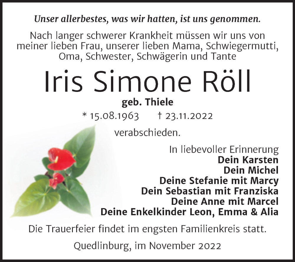  Traueranzeige für Iris Simone Röll vom 03.12.2022 aus Trauerkombi Quedlinburg