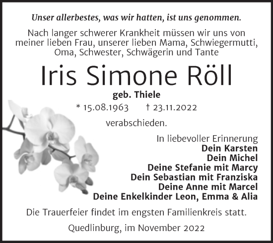 Traueranzeige von Iris Simone Röll von Super Sonntag Quedlingburg