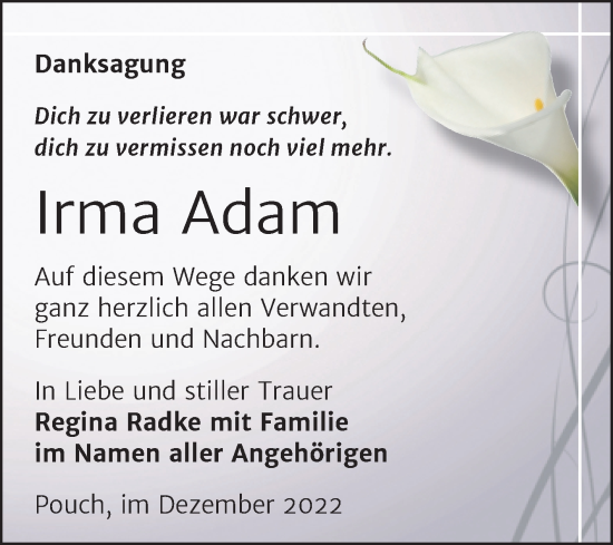 Traueranzeige von Irma Adam von Mitteldeutsche Zeitung Bitterfeld
