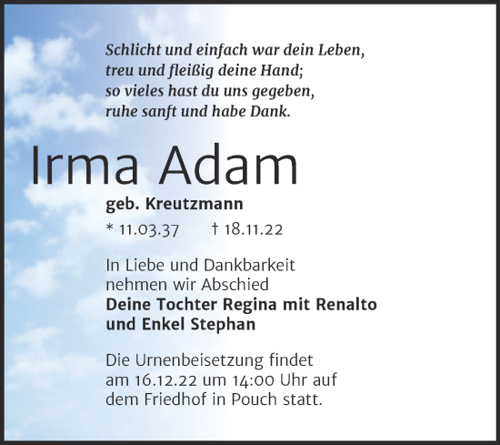 Traueranzeige von Irma Adam von Mitteldeutsche Zeitung Bitterfeld