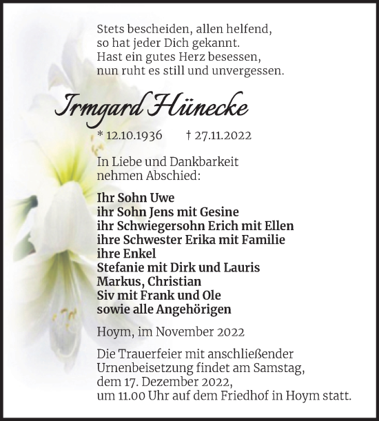 Traueranzeige von Irmgard Hünecke von Trauerkombi Aschersleben