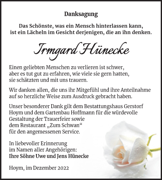 Traueranzeige von Irmgard Hünecke von Trauerkombi Aschersleben