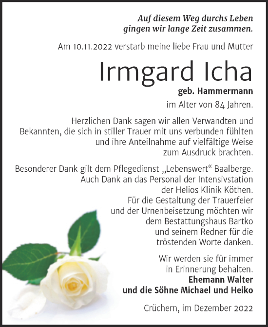 Traueranzeige von Irmgard Icha von Trauerkombi Bernburg