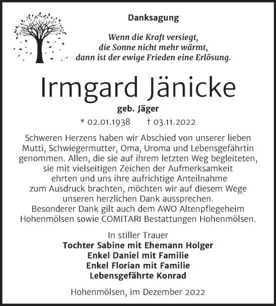 Traueranzeige von Irmgard Jänicke von Trauerkombi Weißenfels
