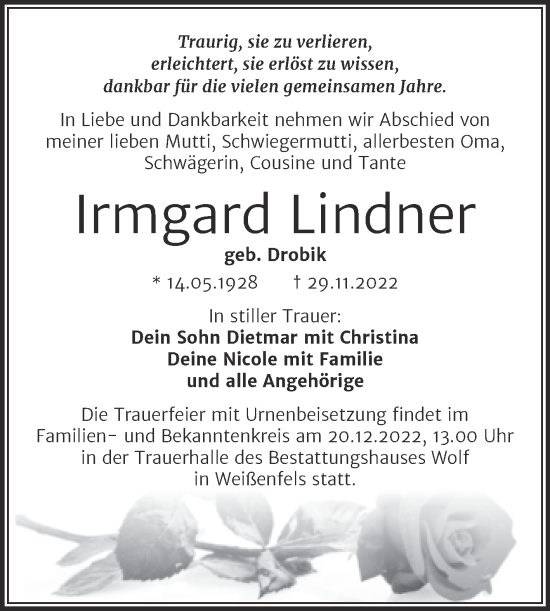 Traueranzeige von Irmgard Lindner von Trauerkombi Weißenfels