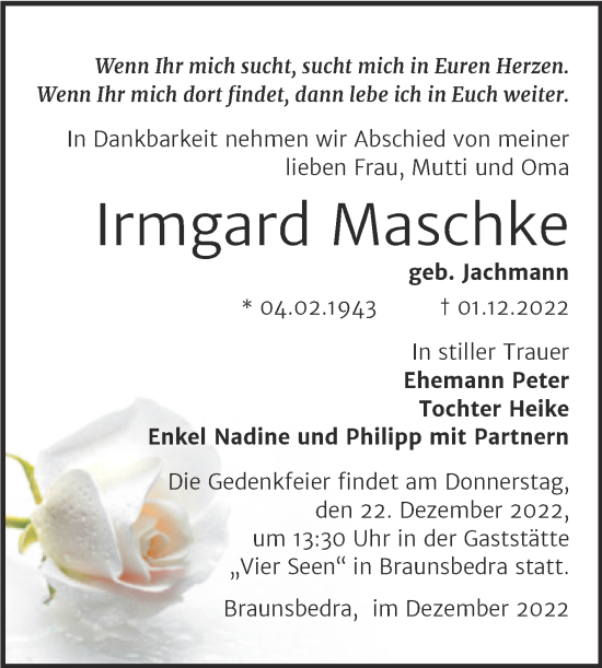 Traueranzeige von Irmgard Maschke von Trauerkombi Merseburg