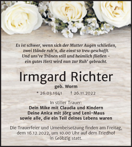 Traueranzeige von Irmgard Richter von Trauerkombi Köthen