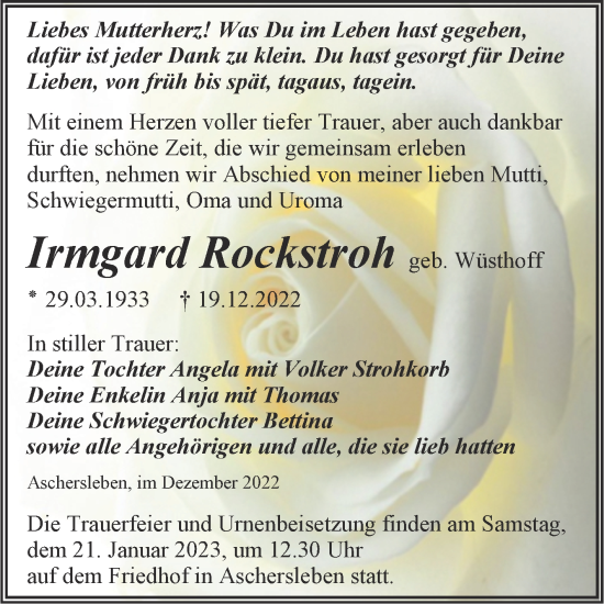Traueranzeige von Irmgard Rockstroh von Trauerkombi Aschersleben