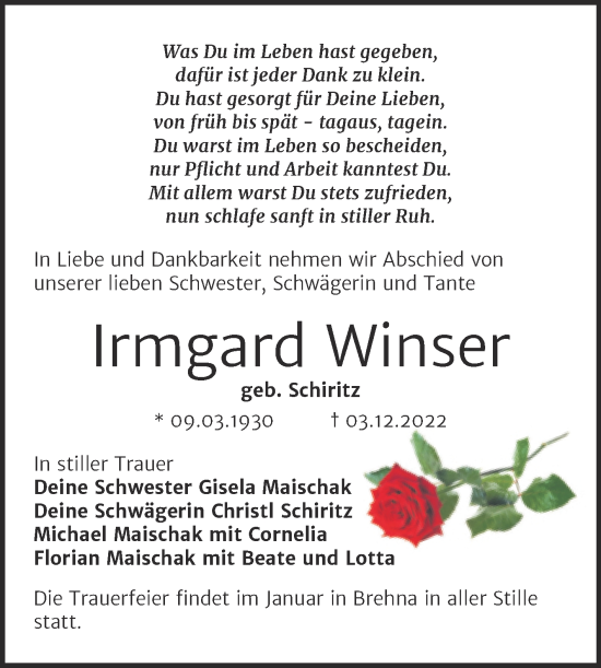 Traueranzeige von Irmgard Winser von Trauerkombi Bitterfeld