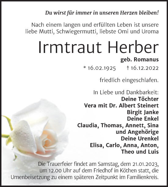 Traueranzeige von Irmtraut Herber von Trauerkombi Köthen