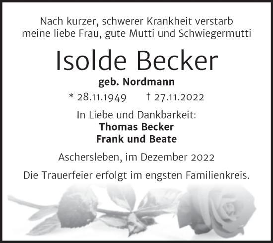 Traueranzeige von Isolde Becker von Trauerkombi Aschersleben