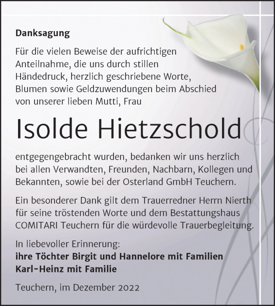 Traueranzeige von Isolde Hietzschold von Trauerkombi Weißenfels