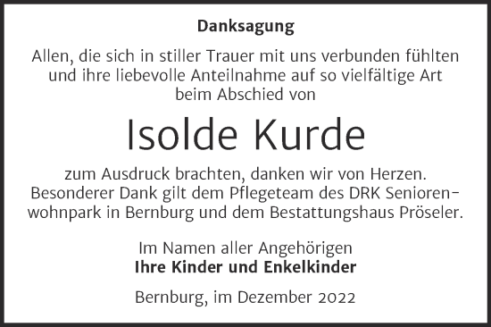 Traueranzeige von Isolde Kurde von Trauerkombi Bernburg