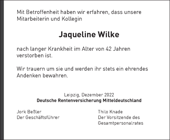 Traueranzeige von Jaqueline Wilke von Mitteldeutsche Zeitung Halle/Saalkreis