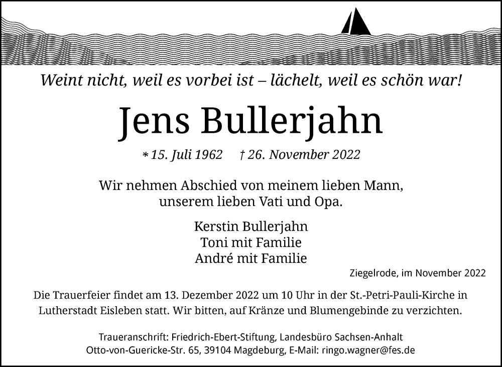  Traueranzeige für Jens Bullerjahn vom 03.12.2022 aus Trauerkombi Mansfelder Land