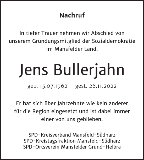 Traueranzeige von Jens Bullerjahn von Wochenspiegel Mansfelder Land