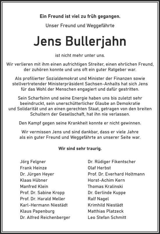 Traueranzeige von Jens Bullerjahn von Mitteldeutsche Zeitung Gesamt Sachsen-Anhalt Süd