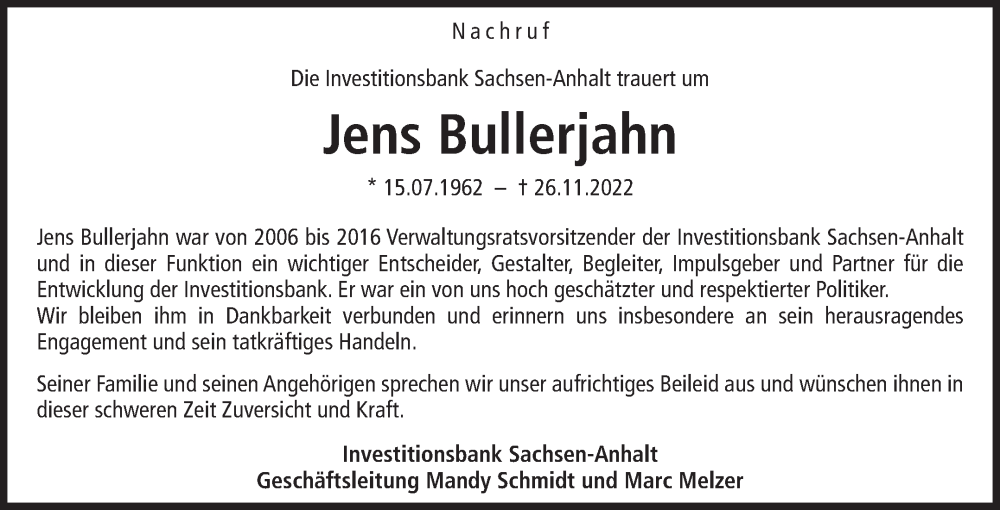  Traueranzeige für Jens Bullerjahn vom 03.12.2022 aus Mitteldeutsche Zeitung Halle/Saalkreis