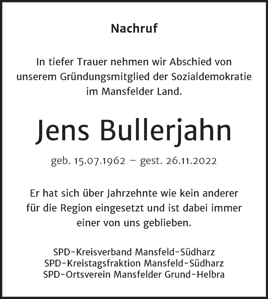  Traueranzeige für Jens Bullerjahn vom 07.12.2022 aus Wochenspiegel Mansfelder Land