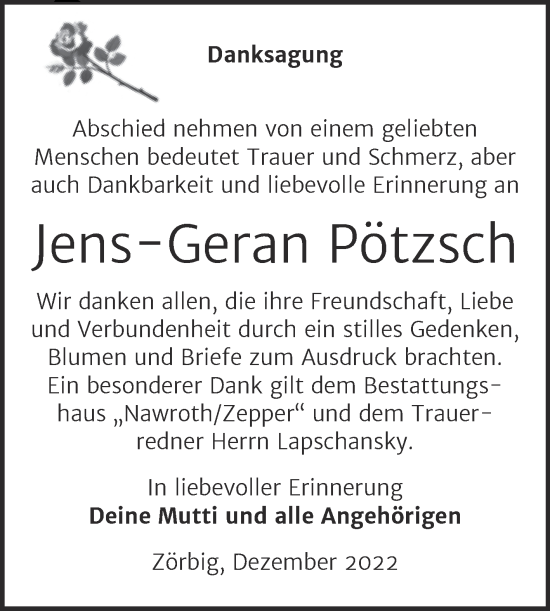 Traueranzeige von Jens-Geran Pötzsch von Trauerkombi Bitterfeld