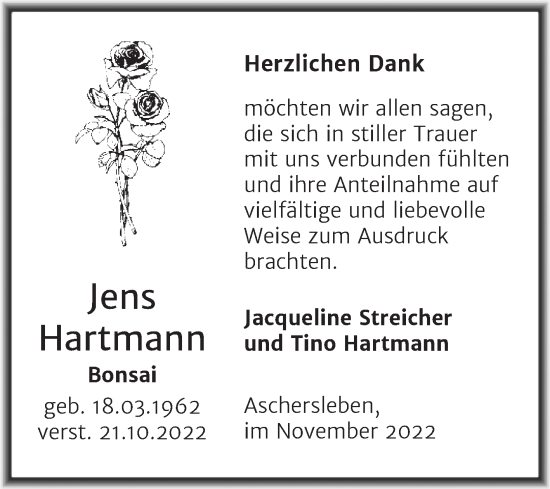 Traueranzeige von Jens Hartmann von Trauerkombi Aschersleben