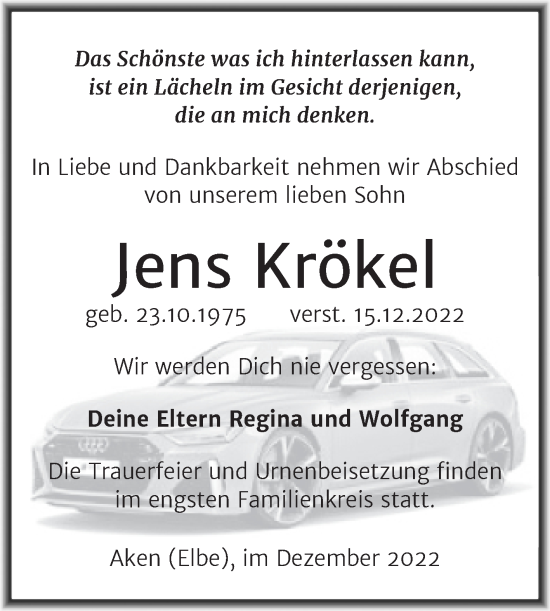 Traueranzeige von Jens Krökel von Trauerkombi Köthen