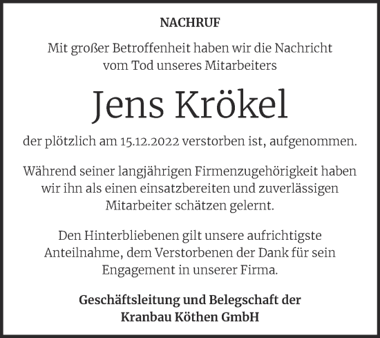 Traueranzeige von Jens Krökel von Mitteldeutsche Zeitung Köthen