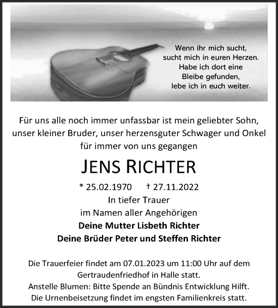 Traueranzeige von Jens Richter von Mitteldeutsche Zeitung Halle/Saalkreis