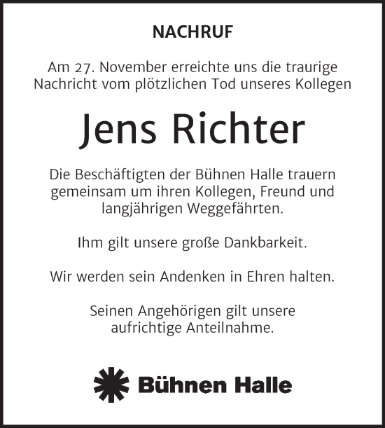Traueranzeige von Jens Richter von Mitteldeutsche Zeitung Halle/Saalkreis